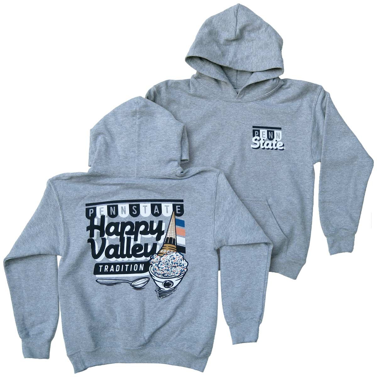 gray youth hoodie with Penn State Ice Cream Happy Valley Tradition art